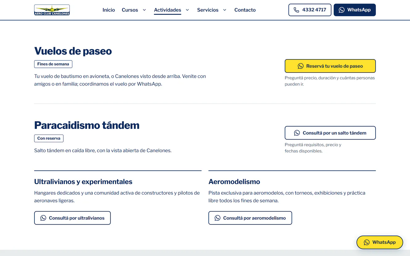 La página de actividades del rediseño: arriba, el logo del club, el menú y los botones de teléfono y WhatsApp; vuelos de paseo, paracaidismo tándem, ultralivianos y aeromodelismo, cada uno con su botón de WhatsApp