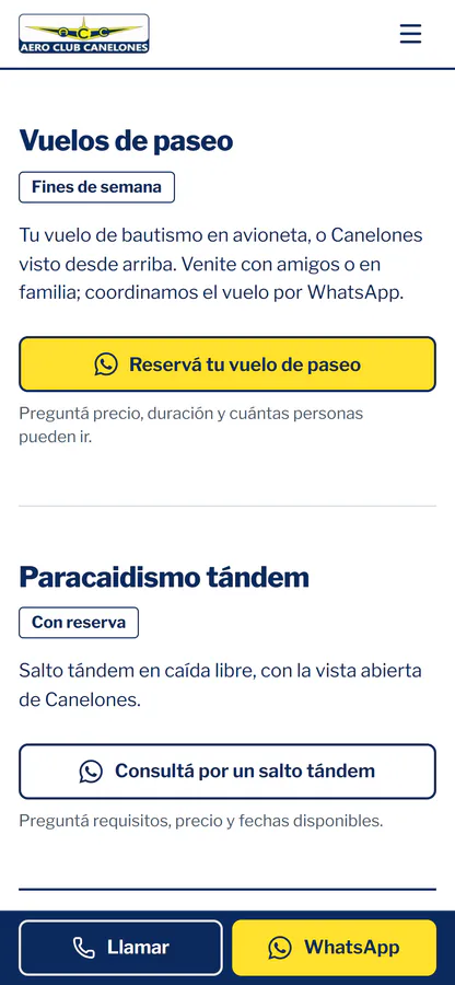 La misma página en un celular: vuelos de paseo con su botón amarillo, y abajo la barra con Llamar y WhatsApp