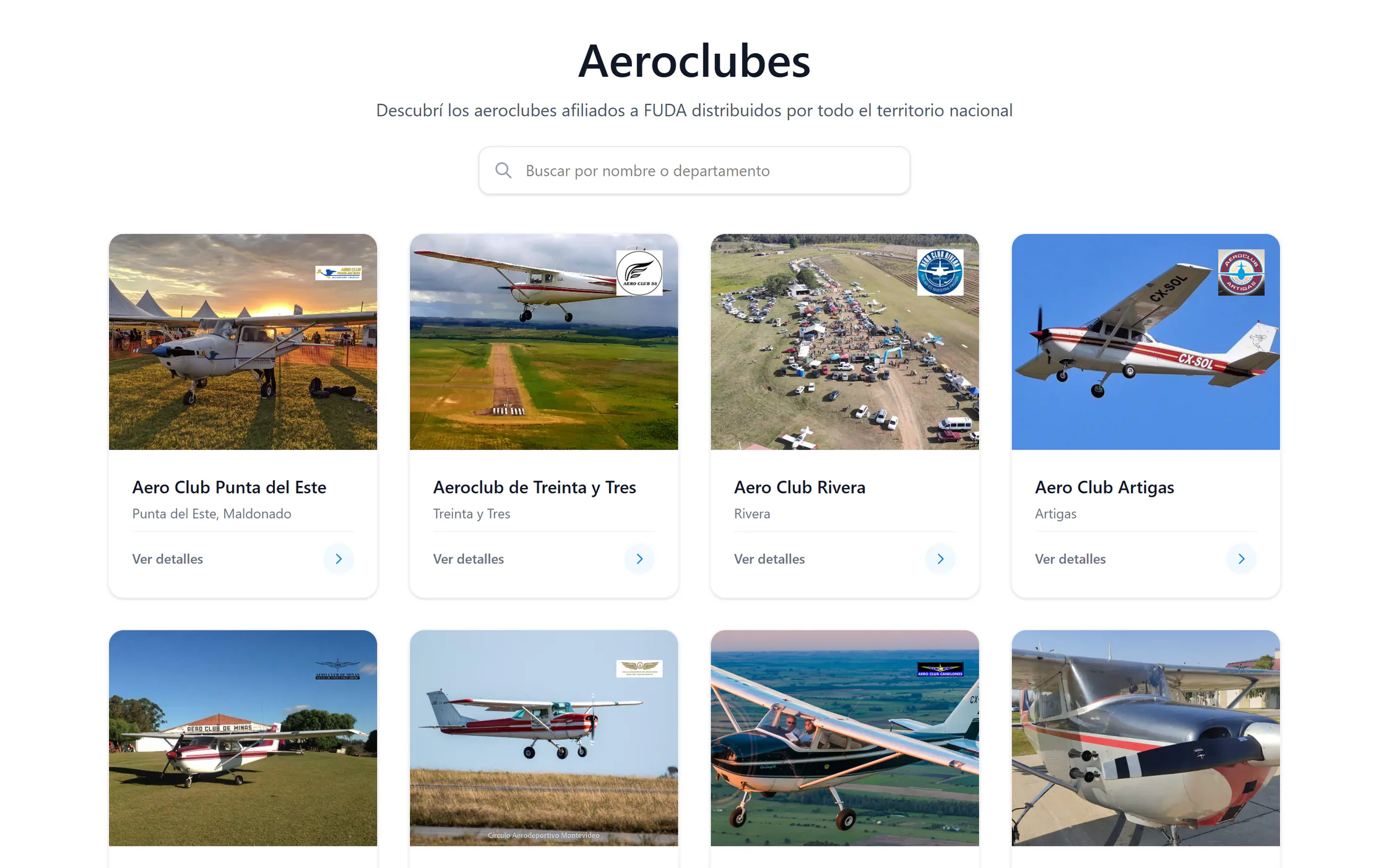 Buscador de aeroclubes de FUDA, con la foto, el nombre y la ciudad de cada club