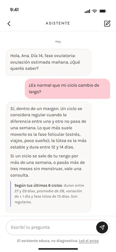 Diseño del asistente de Ciclo Pink respondiendo a una usuaria de ejemplo si es normal que su ciclo cambie de largo, con el dato de sus últimos seis ciclos