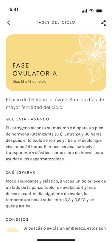 Diseño de la ficha de la fase ovulatoria de Ciclo Pink: días 12 a 16 del ciclo, qué está pasando en el cuerpo y qué esperar
