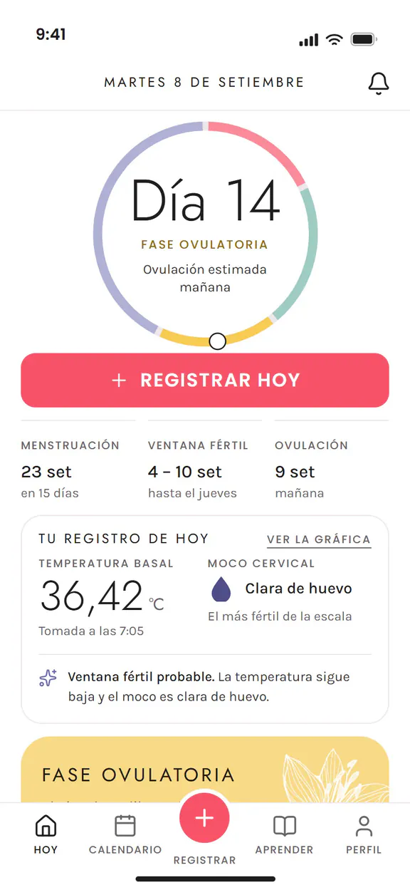 Diseño de la pantalla Hoy de Ciclo Pink: el día 14 en el anillo del ciclo, la fase ovulatoria, el botón Registrar hoy y el registro del día con la temperatura basal