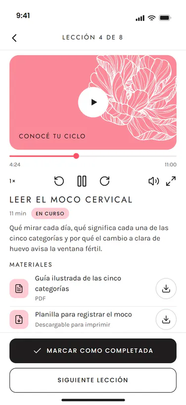 Diseño de una lección de Ciclo Pink: «Leer el moco cervical», la lección 4 de 8, con su video en curso y los materiales para descargar