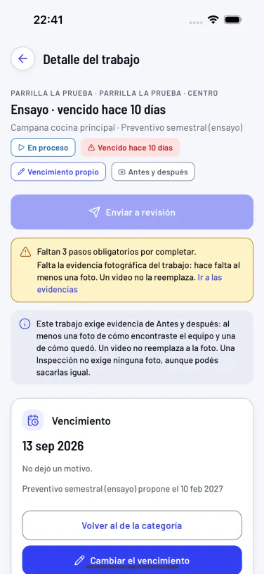 App del técnico: Enviar a revisión bloqueado porque faltan pasos y la foto del antes y el después