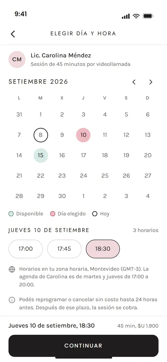 Diseño de la reserva de Ciclo Pink: calendario con días y horarios libres para la sesión con la profesional