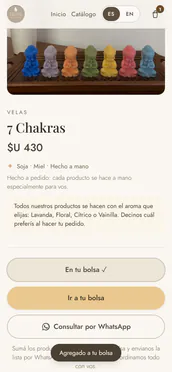 Ficha de las velas 7 Chakras de Arcania en el celular, ya en la bolsa, con Ir a tu bolsa y Consultar por WhatsApp
