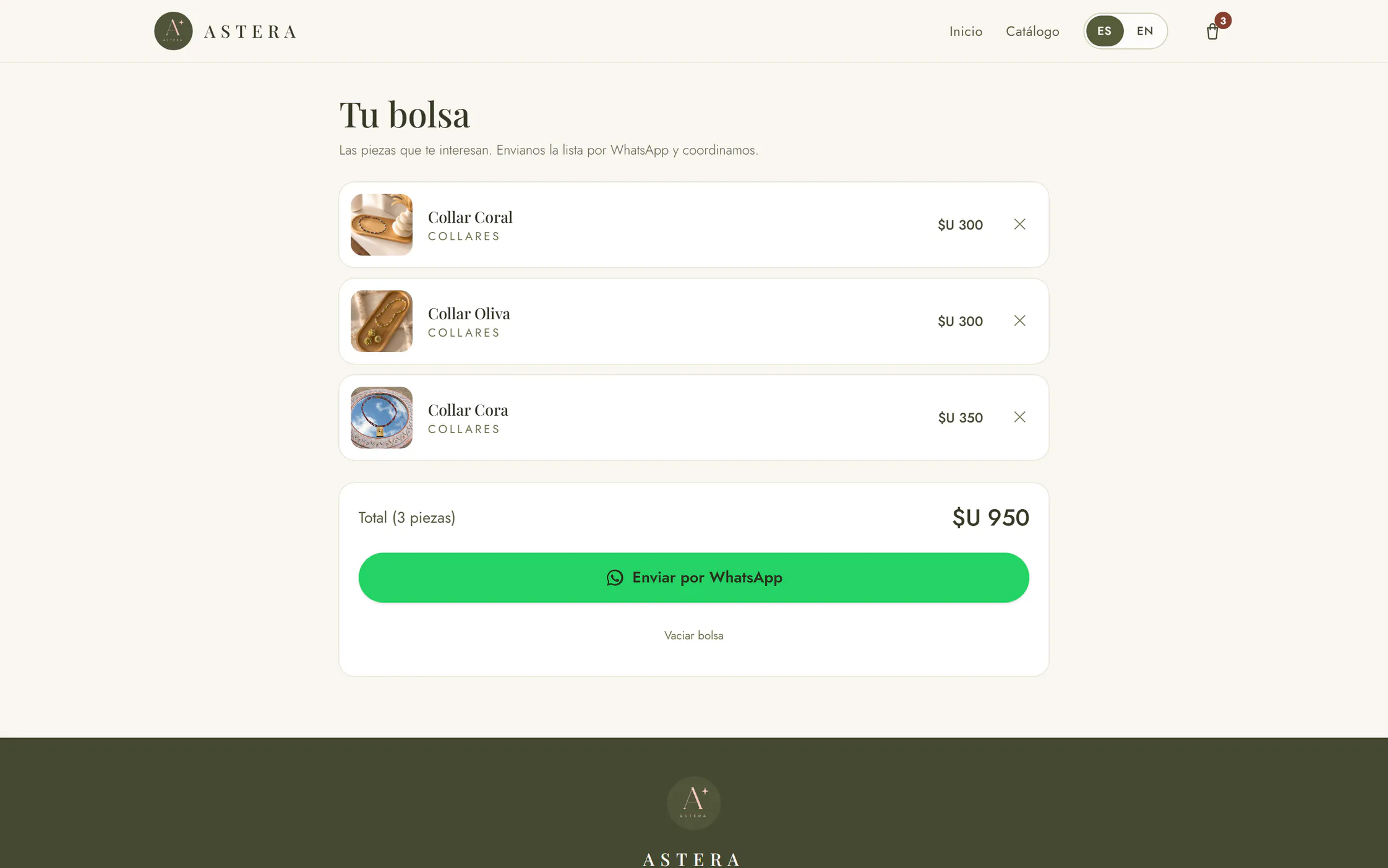 «Tu bolsa» en el catálogo de Astera: Collar Coral, Collar Oliva y Collar Cora, el total de $U 950 y el botón Enviar por WhatsApp