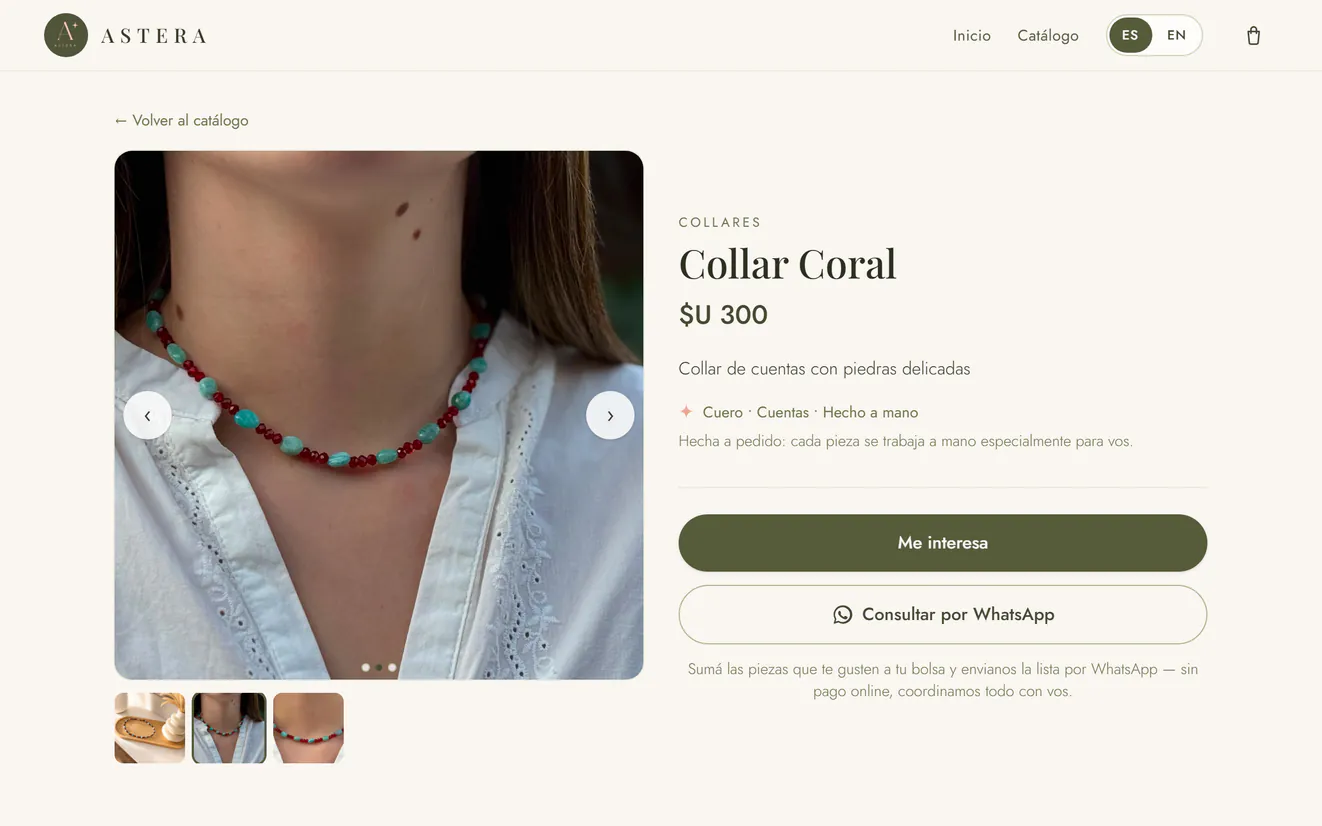 Ficha del Collar Coral en Astera: la galería con la foto del collar puesto sobre una blusa blanca, sus tres miniaturas, $U&nbsp;300, «Me interesa» y «Consultar por WhatsApp»