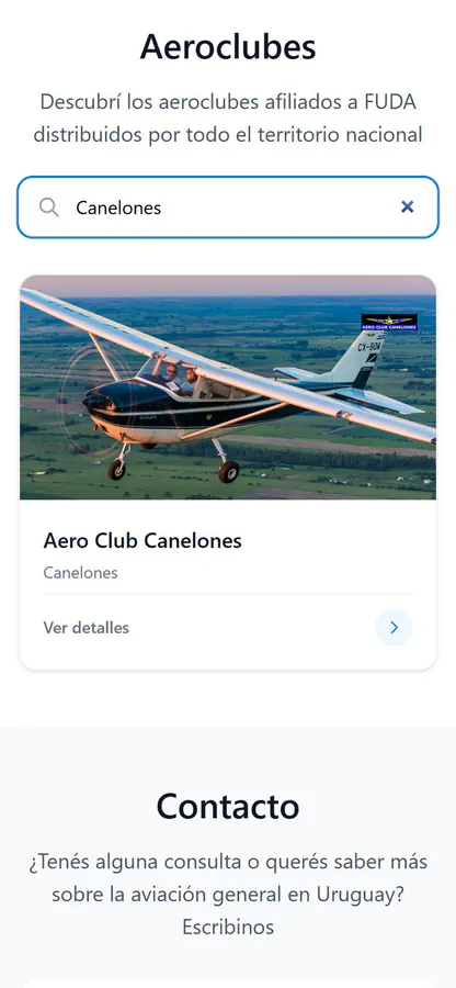El buscador de aeroclubes de la web de FUDA en un celular: con «Canelones» escrito, queda el Aero Club Canelones, con su foto y el botón Ver detalles