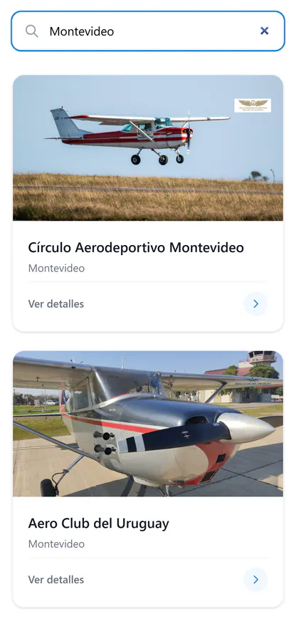 El buscador de FUDA en un celular, con Montevideo escrito y sus dos aeroclubes: el Círculo Aerodeportivo Montevideo y el Aero Club del Uruguay