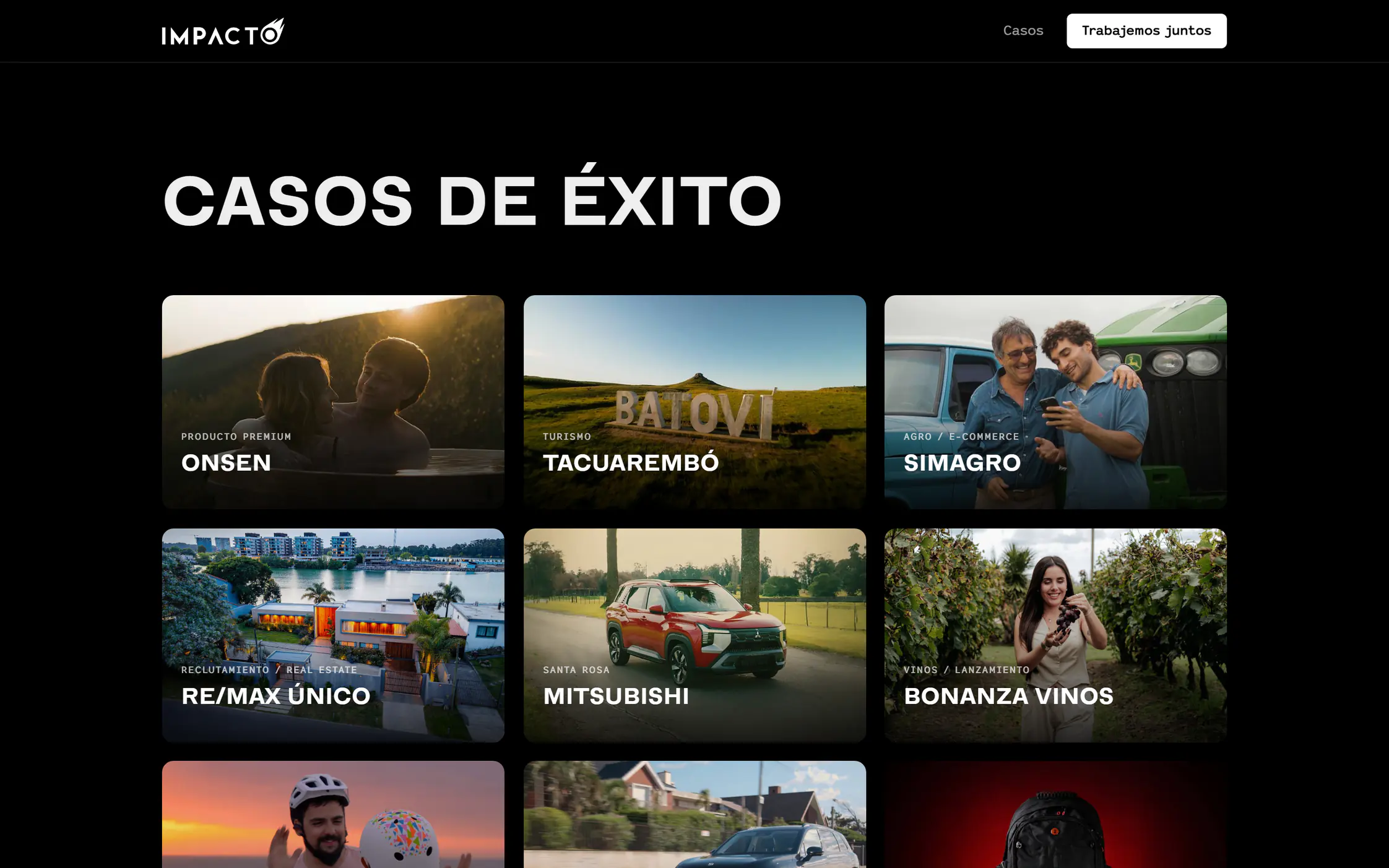 Cuadrícula de casos de agenciaimpacto.com.uy: Onsen, Tacuarembó, Simagro, RE/MAX Único, Mitsubishi y Bonanza Vinos, cada uno con su foto