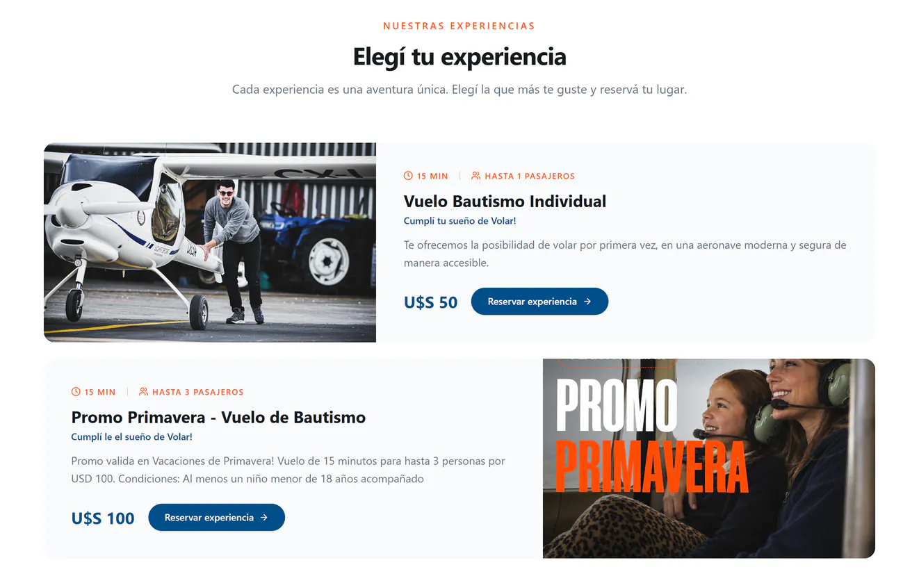 Catálogo de experiencias de Fly Uruguay bajo el título Elegí tu experiencia: el Vuelo Bautismo Individual, con un joven empujando la avioneta, y la Promo Primavera, con una nena y una mujer con auriculares en la cabina, cada uno con su precio y el botón Reservar experiencia