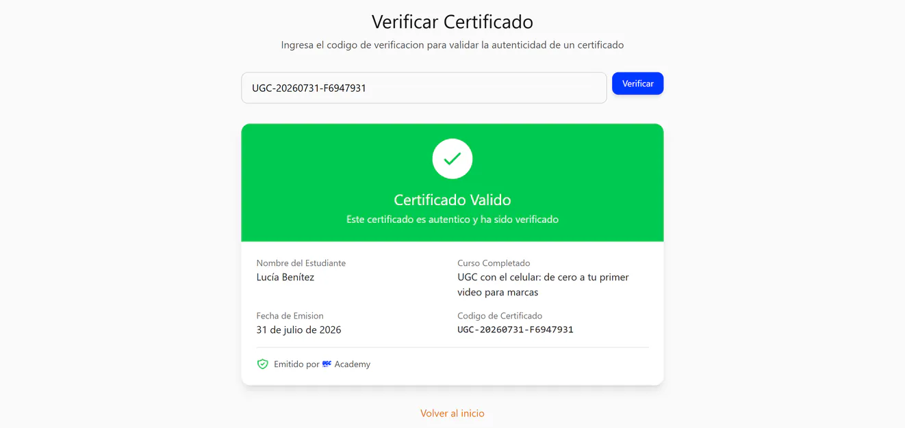 Página pública de UGC Academy para verificar un certificado: con el código escrito, el certificado figura como válido, con el nombre de la alumna, el curso, la fecha de emisión y el código