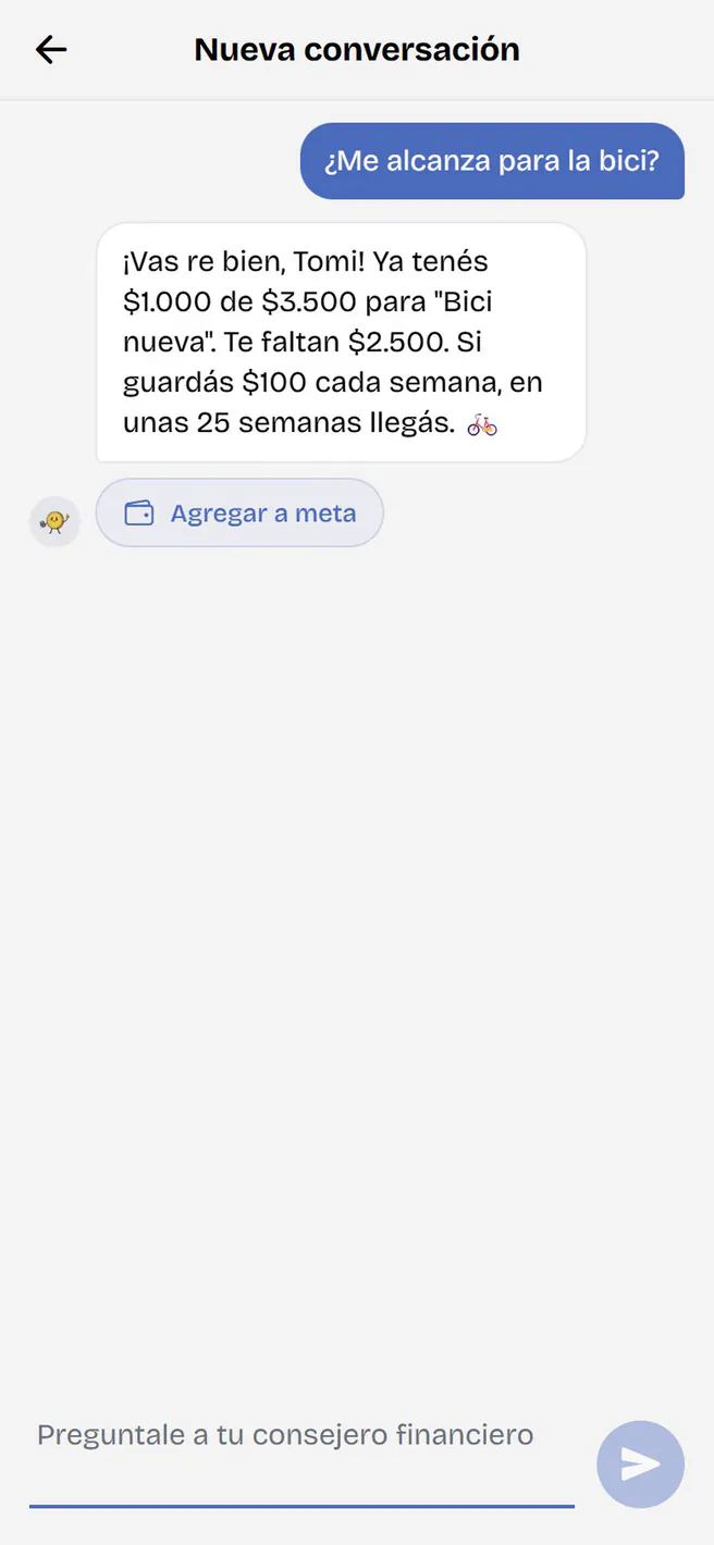 Crea le responde a un chico de ejemplo, menor de 11 años, que pregunta si le alcanza para la bici: cuánto tiene, cuánto le falta y que, guardando un poco cada semana, llega en unas 25 semanas