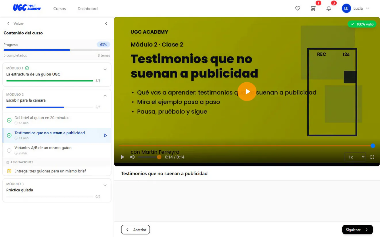 Reproductor de un curso de demo en UGC Academy: la clase terminada, vista al 100%, queda marcada en el temario y el progreso del curso sube a 63%