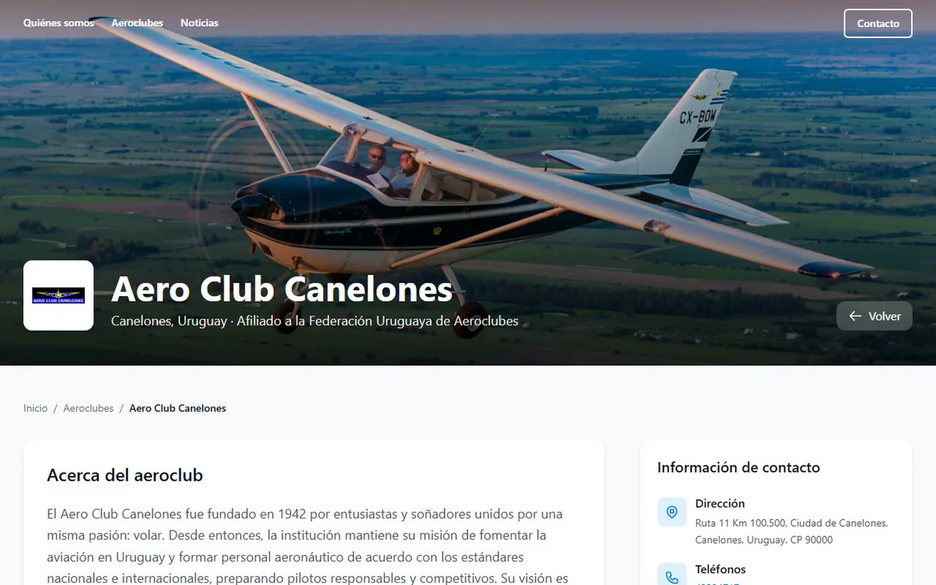 Página del Aero Club Canelones en la web de FUDA: la foto del Cessna CX-BDW del club en vuelo sobre el campo, con sus dos pilotos, su nombre, Acerca del aeroclub e Información de contacto