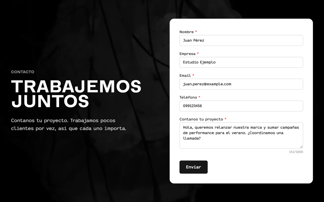 Formulario Trabajemos juntos de agenciaimpacto.com.uy, lleno con datos de ejemplo y sin enviar: nombre, empresa, email, teléfono y el proyecto