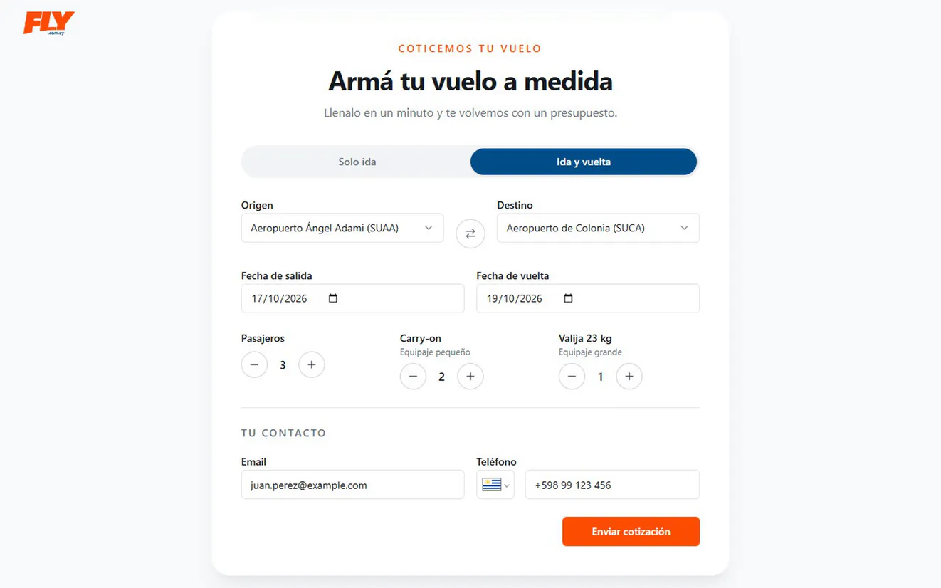 Cotizador de vuelos a medida de Fly, lleno con datos de ejemplo y sin enviar: ida y vuelta de Ángel Adami a Colonia, las fechas, tres pasajeros, el equipaje y el contacto