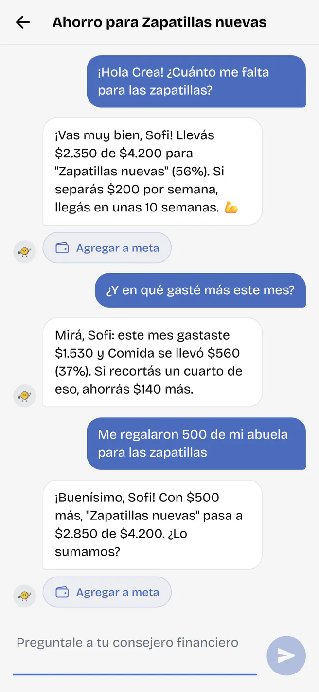 Crea, el asistente de FinCrea, le responde a la usuaria de ejemplo con sus números: cuánto lleva para las zapatillas y en cuántas semanas llega