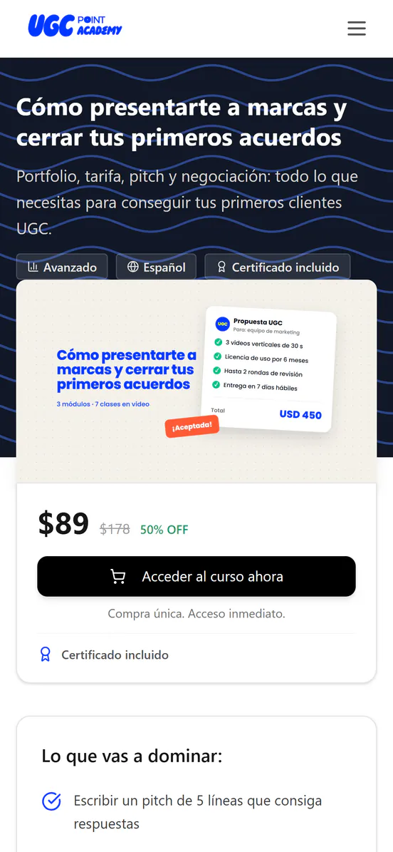 La ficha de un curso de demo de UGC Academy en un teléfono: el título, el precio, el botón Acceder al curso ahora y Certificado incluido