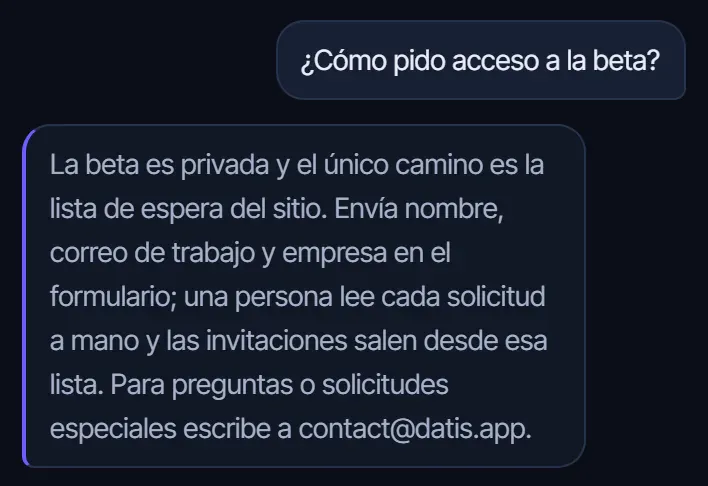 DaBOT en el celular: a «¿Cómo pido acceso a la beta?» responde que se entra por la lista de espera y que cada pedido lo lee una persona