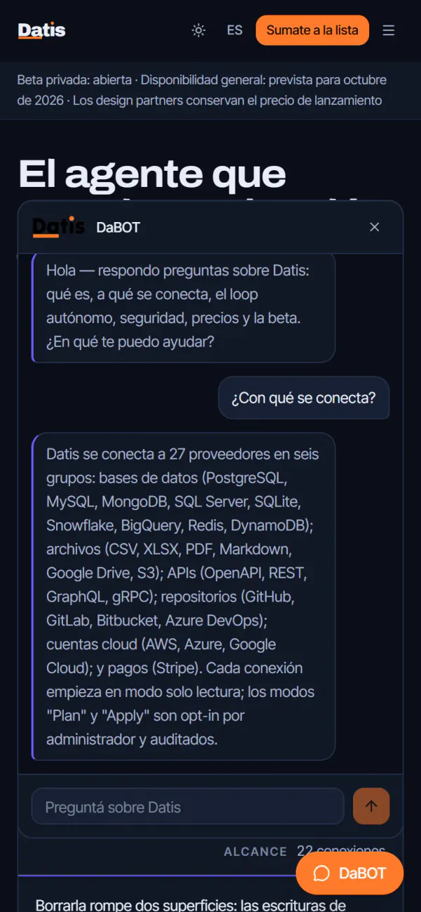 DaBOT en el celular: a «¿Con qué se conecta?» responde con la lista de bases de datos, archivos, repositorios y nubes