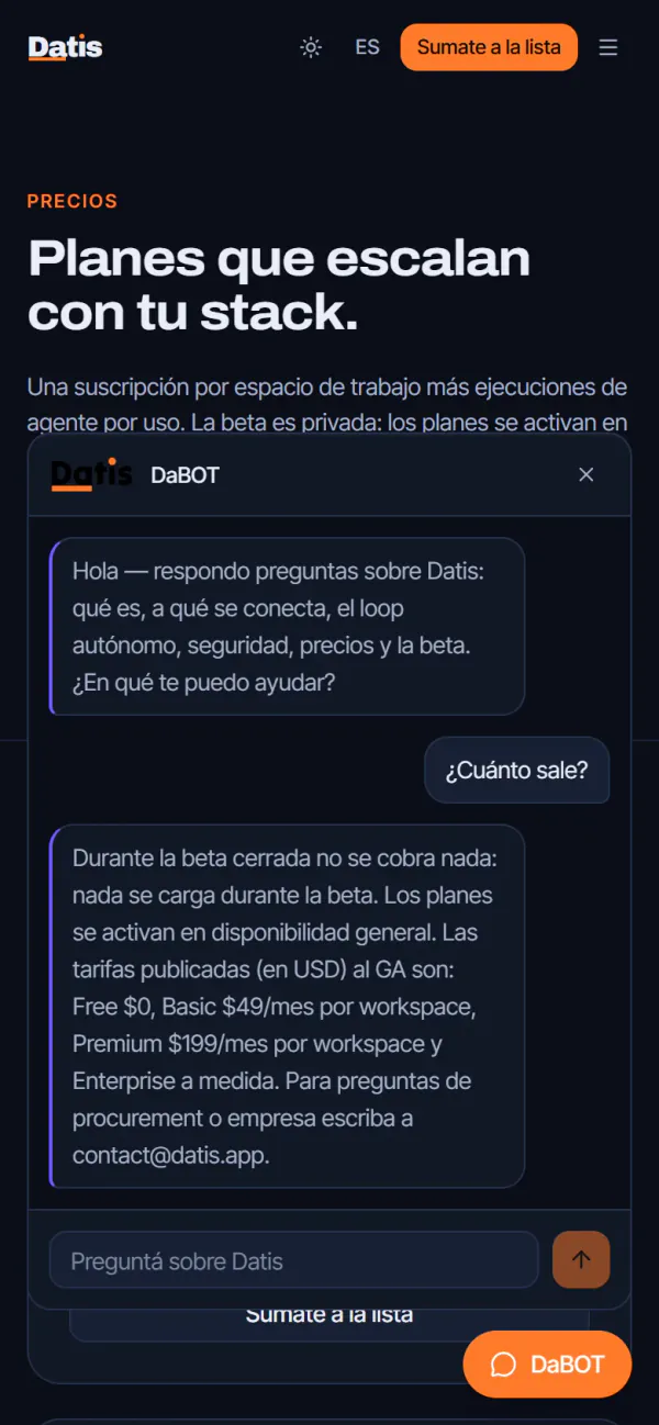 DaBOT en el celular: saluda en español y, a «¿Cuánto sale?», responde con los planes y precios de Datis