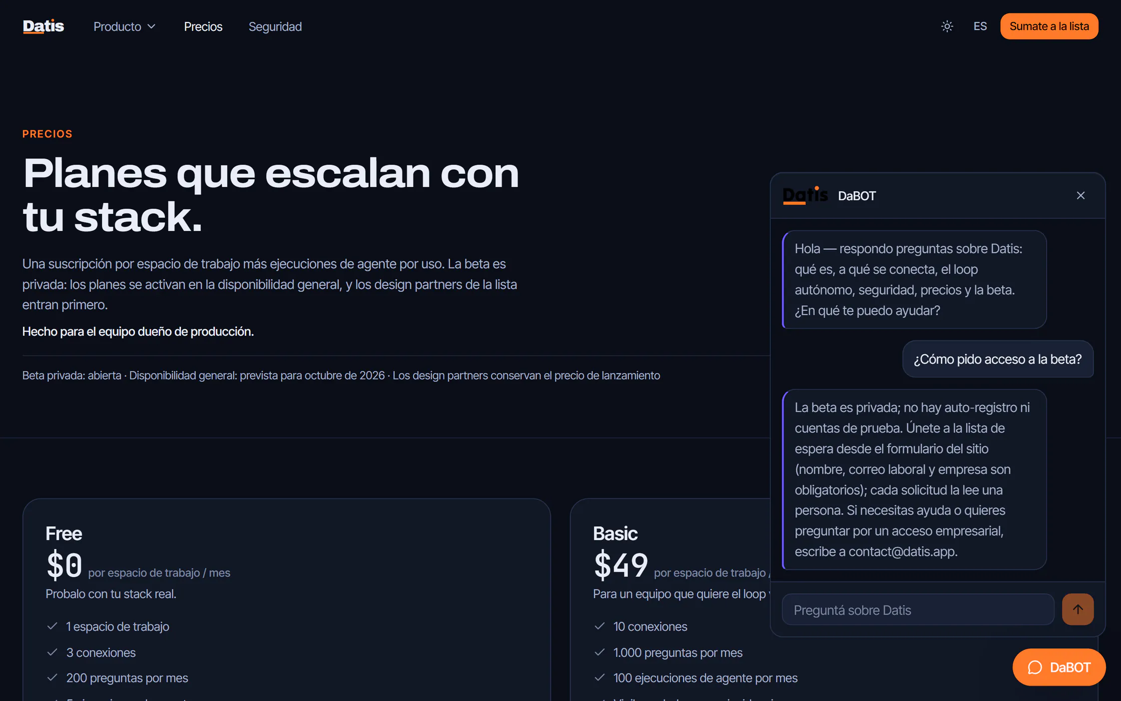 La página de precios de Datis con DaBOT abierto, respondiendo en español cómo pedir acceso a la beta