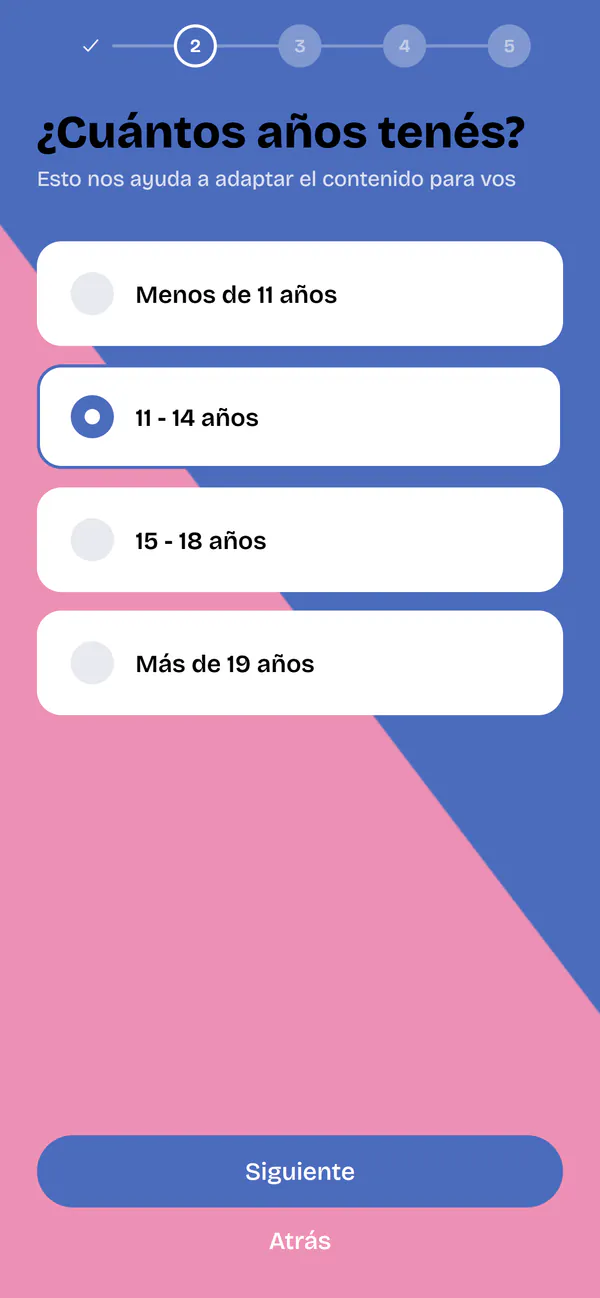 El comienzo de FinCrea: «¿Cuántos años tenés?», con cuatro edades para elegir, de menos de 11 a más de 19, y 11 a 14 elegida