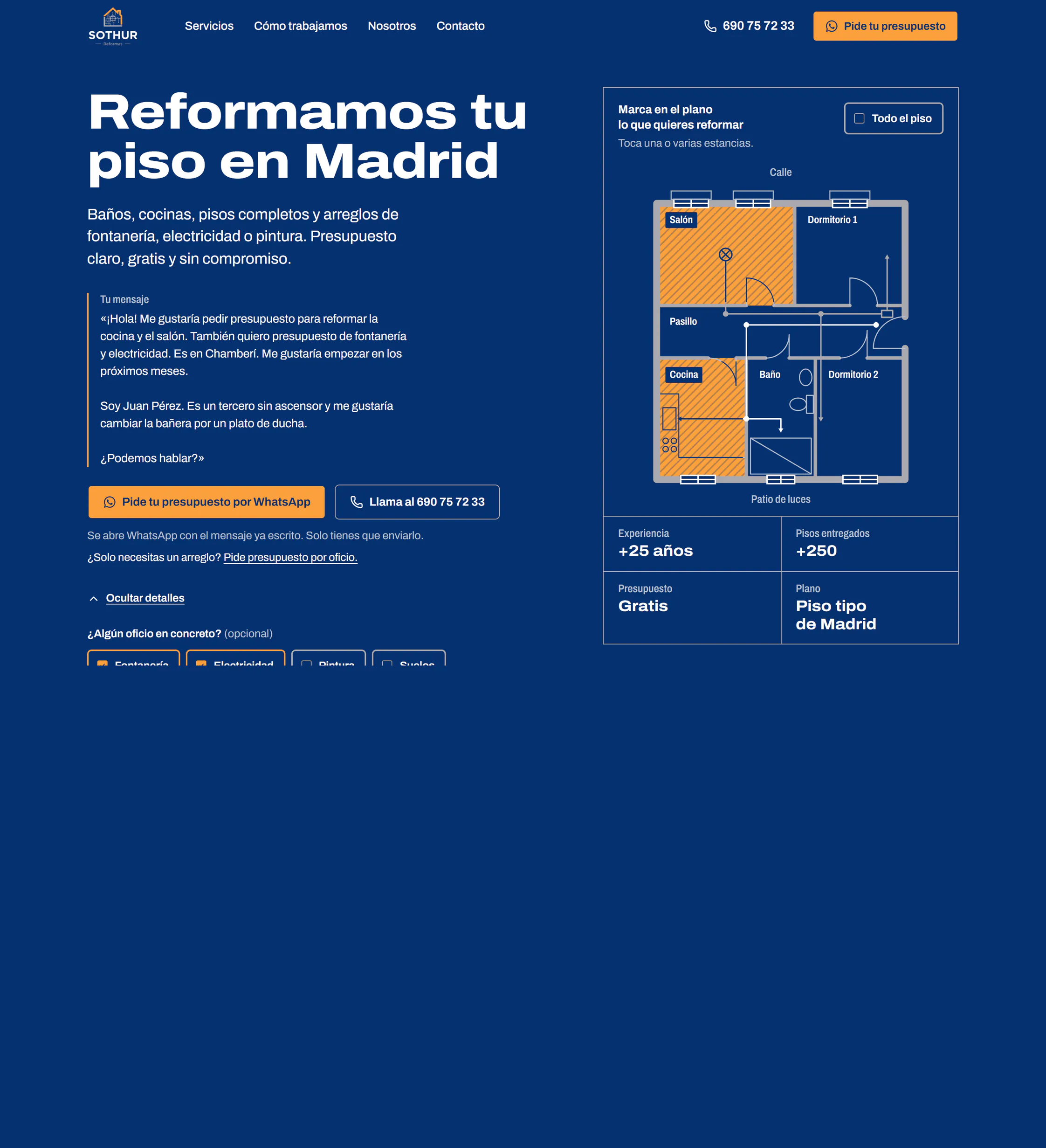 La portada del rediseño de SOTHUR Reformas con el encargo armado: el mensaje de WhatsApp ya escrito para reformar la cocina y el salón, los botones para pedir presupuesto y, a la derecha, el plano con la cocina y el salón marcados en naranja