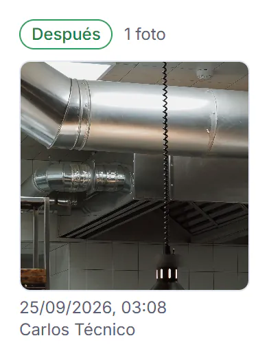 La foto del después de un trabajo aprobado, con la fecha y la hora en que se sacó y el técnico que la subió (foto y datos de ejemplo)