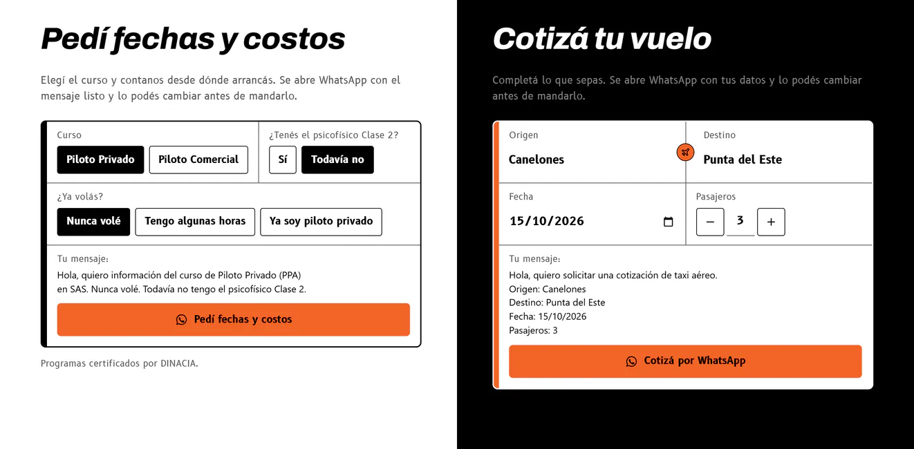 Las dos franjas del rediseño, completas con datos de ejemplo: Pedí fechas y costos, con el curso, la experiencia y el psicofísico, y Cotizá tu vuelo, con origen, destino, fecha y pasajeros; debajo de cada una, el mensaje de WhatsApp ya escrito