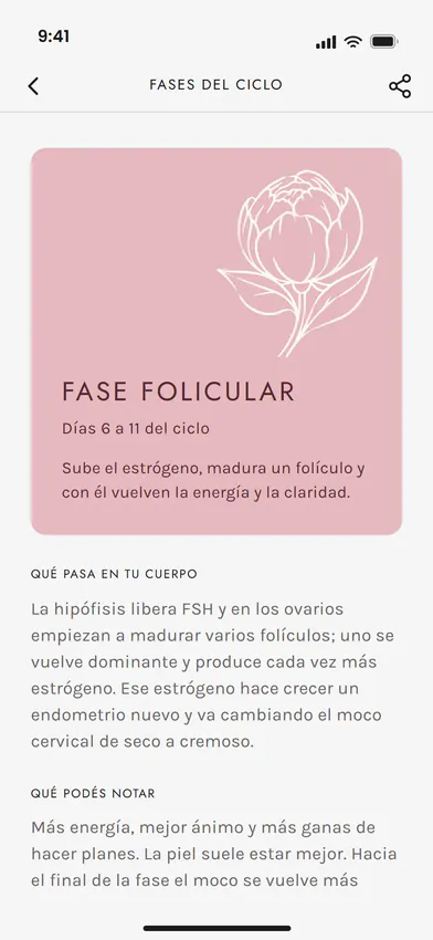 La ficha de la fase folicular en Ciclo Pink: la peonía abriéndose sobre Orchid Pink.