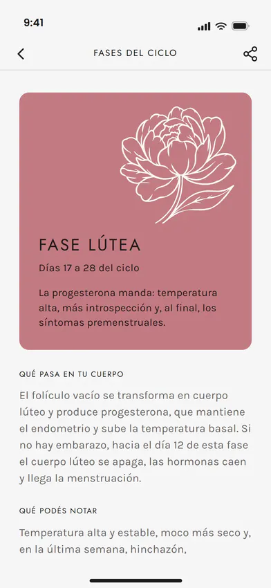 La ficha de la fase lútea en Ciclo Pink: la peonía plena sobre Rosewood.