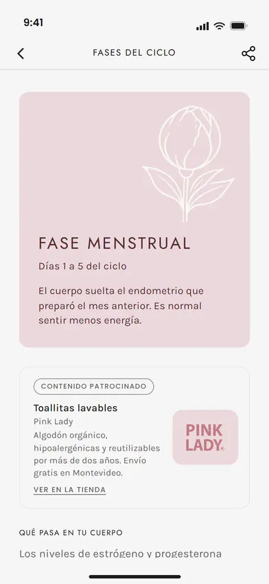 La ficha de la fase menstrual en Ciclo Pink: la peonía en pimpollo sobre Blush Mist.