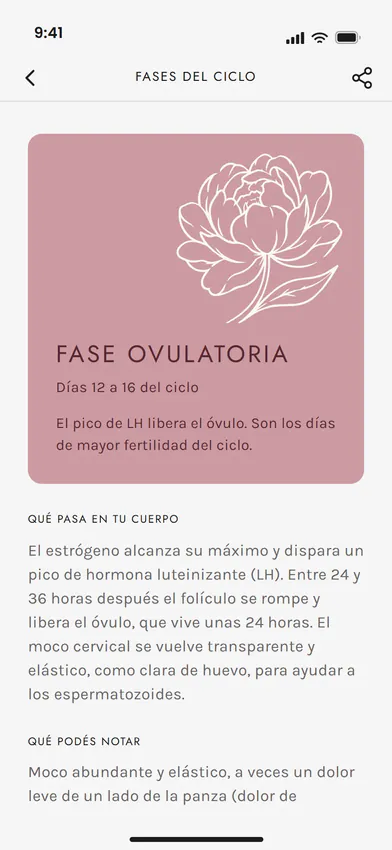 La ficha de la fase ovulatoria en Ciclo Pink: la peonía abierta sobre rosa viejo.