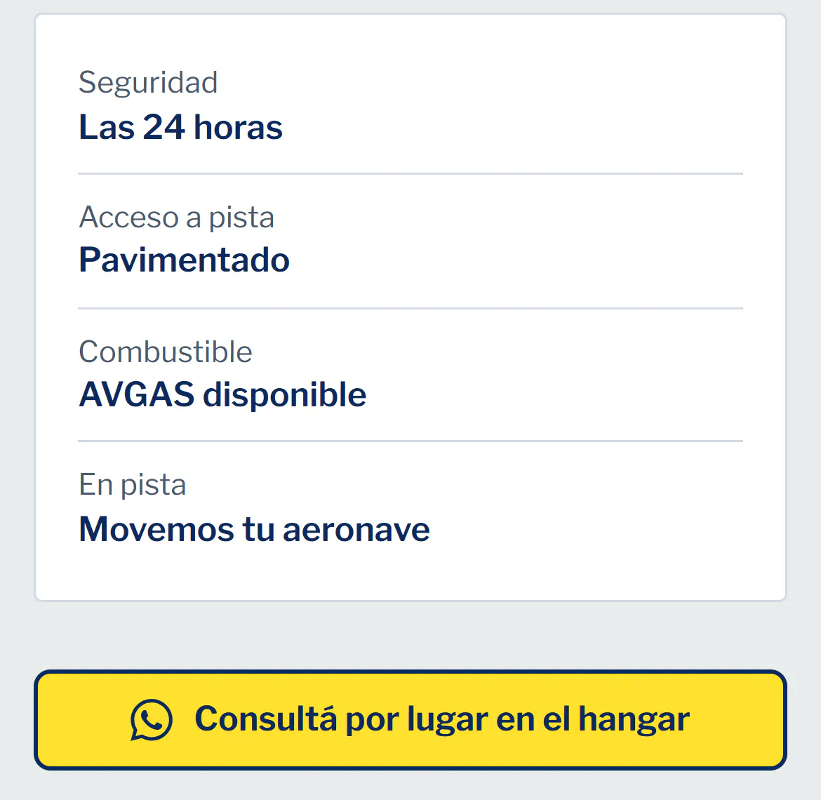 La ficha de hangaraje en un celular: seguridad las 24 horas, acceso a pista pavimentado, AVGAS disponible y movemos tu aeronave, con el botón amarillo Consultá por lugar en el hangar