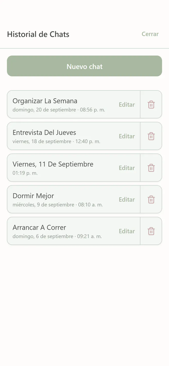 El historial de charlas de Koan, con datos de ejemplo: Organizar la semana, Entrevista del jueves, una charla del viernes 11 de septiembre, Dormir mejor y Arrancar a correr, cada una con su fecha, y el botón Nuevo chat
