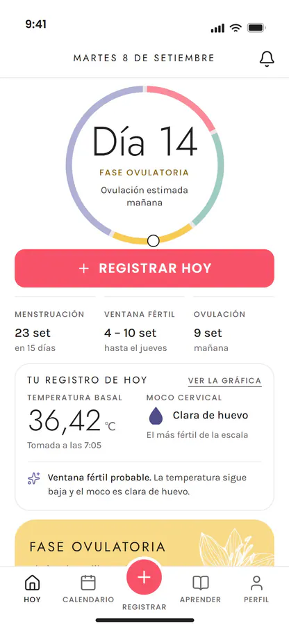 Diseño de Ciclo Pink en un teléfono: el inicio en el día 14, fase ovulatoria, con el botón Registrar hoy y el registro del día