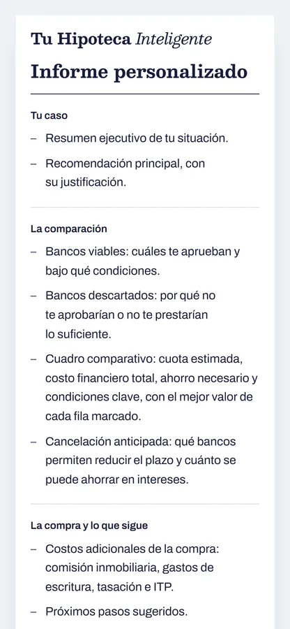 El informe personalizado del rediseño de Hipoteca Inteligente en un celular: tu caso, la comparación de bancos (los viables, los descartados, el cuadro comparativo y la cancelación anticipada) y lo que sigue con la compra