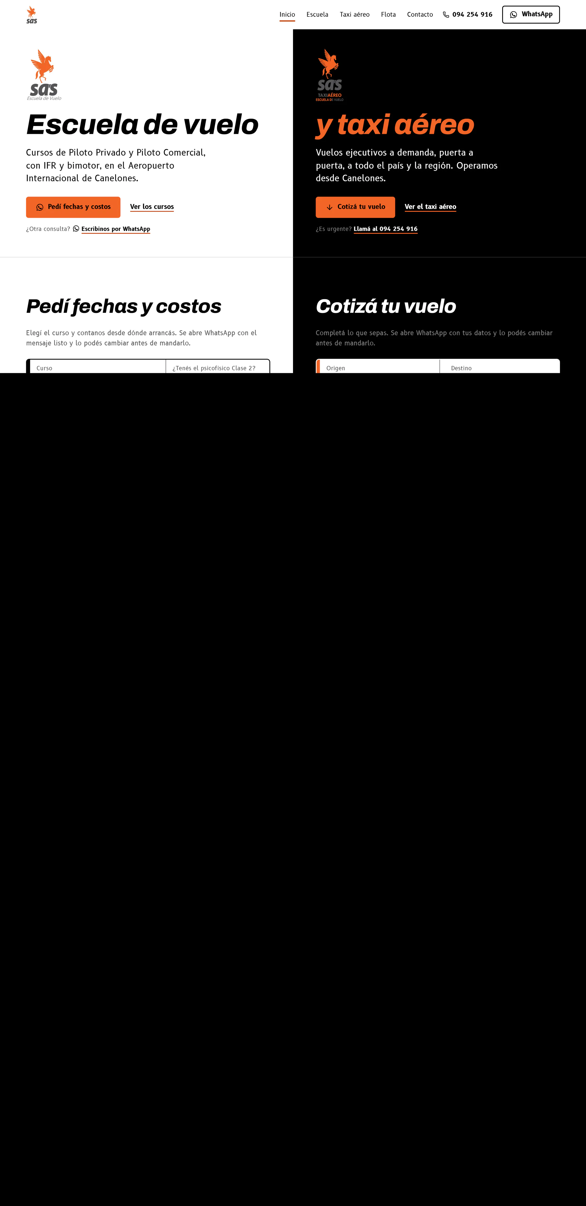 La portada del rediseño de SAS Fly School, con el menú y el teléfono arriba: a la izquierda, en blanco, Escuela de vuelo con Pedí fechas y costos; a la derecha, en negro, el taxi aéreo con Cotizá tu vuelo; debajo, los títulos de las dos franjas