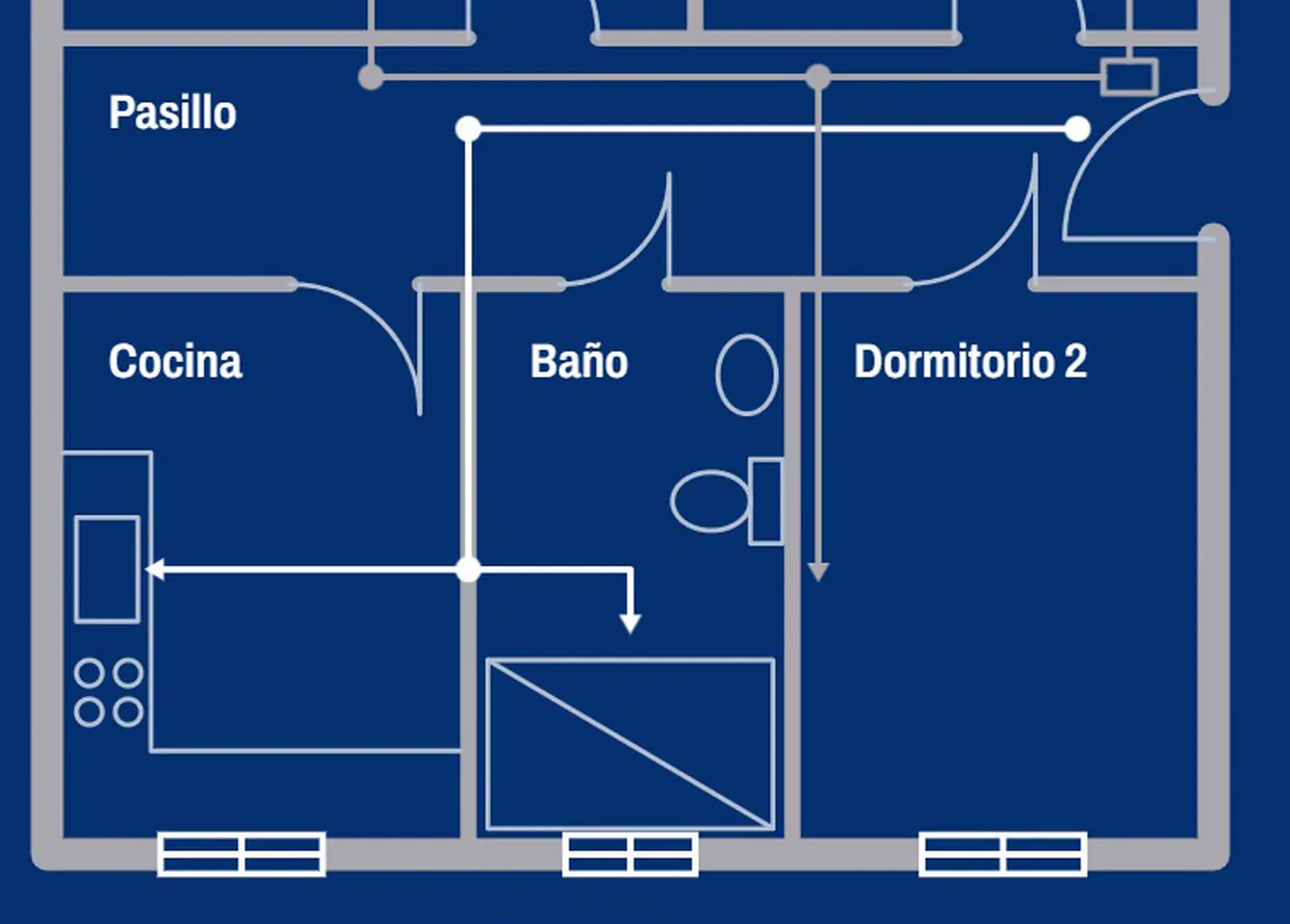El plano de cerca, con las instalaciones ya dibujadas: el agua sale de la entrada, cruza el pasillo y baja a la cocina y al baño, y la luz corre por el pasillo y baja al dormitorio 2