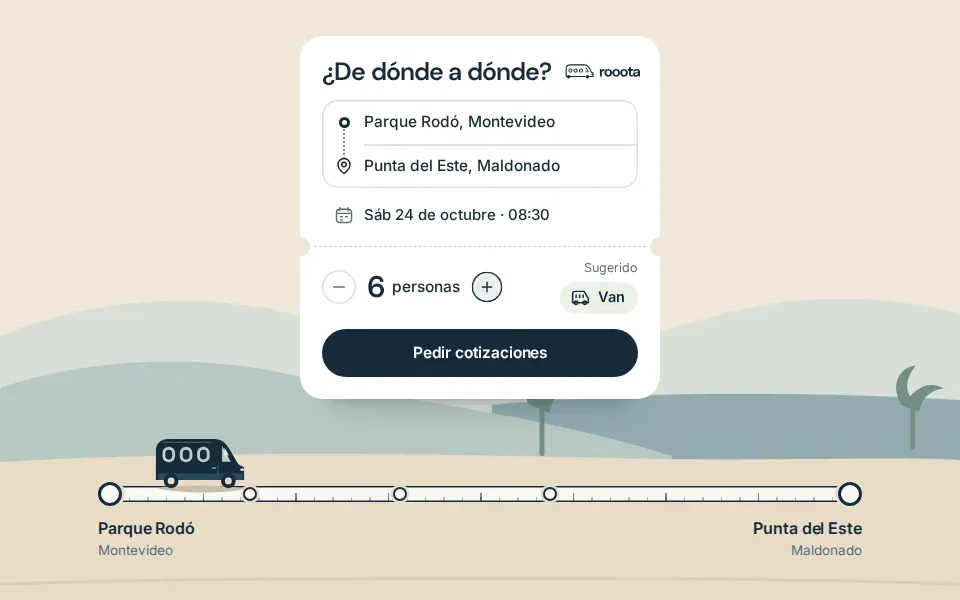 Un cuadro de La Ruta, la animación del sitio de rooota: la tarjeta «¿De dónde a dónde?» con un viaje de ejemplo de Parque Rodó a Punta del Este para 6 personas, el botón Pedir cotizaciones y la van al principio del recorrido, frente a la costa.