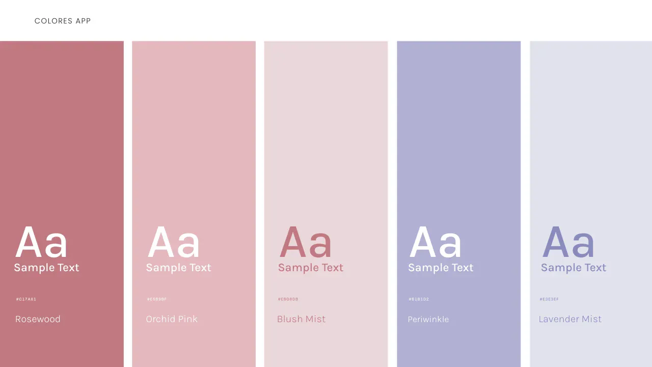 Lámina del Mini manual: los cinco colores de la app, Rosewood, Orchid Pink, Blush Mist, Periwinkle y Lavender Mist, con su código.