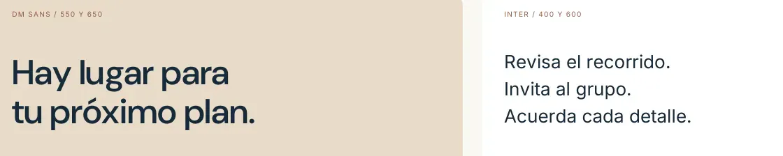 Las letras de rooota en uso: un título de dos renglones en DM Sans y tres renglones de texto en Inter, de la lámina de tipografía de su manual.