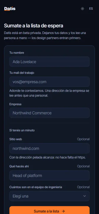 El formulario de la lista de espera de Datis en el celular