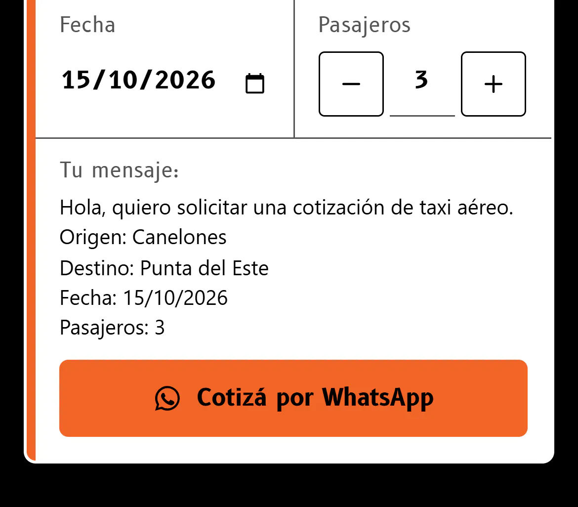 La franja del taxi aéreo en un celular: la fecha, 3 pasajeros, el mensaje armado y el botón Cotizá por WhatsApp
