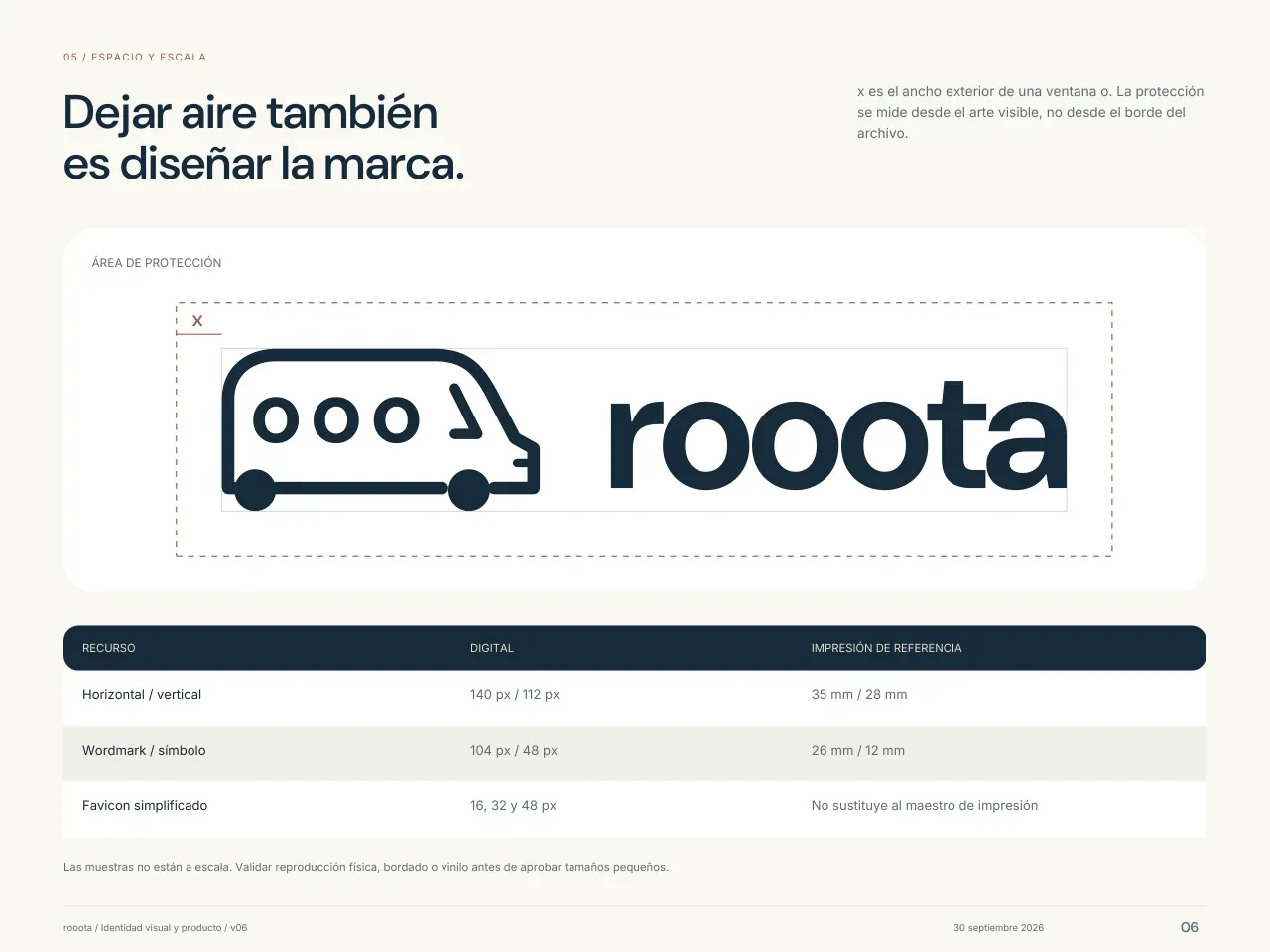 Lámina «Dejar aire también es diseñar la marca»: el logo con su área de protección, medida con el ancho de una ventana, y la tabla de tamaños mínimos: horizontal 140 px, vertical 112 px, solo la palabra 104 px, símbolo 48 px y favicon a 16, 32 y 48 px.