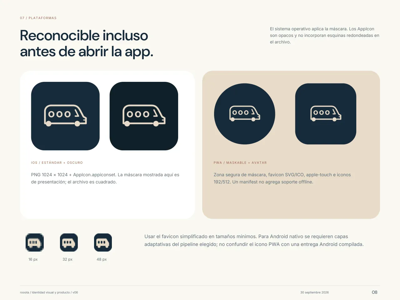 Lámina «Reconocible incluso antes de abrir la app»: el ícono de la app para iPhone en claro y en oscuro, la versión web en círculo y en cuadrado, y el favicon a 16, 32 y 48 px.