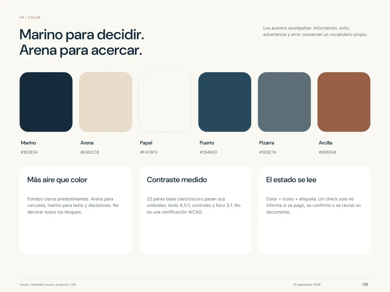 Lámina «Marino para decidir. Arena para acercar»: seis colores con su código, Marino #162B3A, Arena #E8DCC8, Papel #FAF8F3, Puerto #29485D, Pizarra #5E6E7A y Arcilla #986048, y tres reglas: más aire que color, contraste medido y el estado se lee.